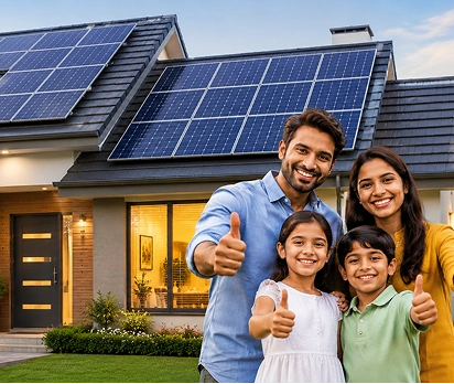 Family in front of a solar-powered home